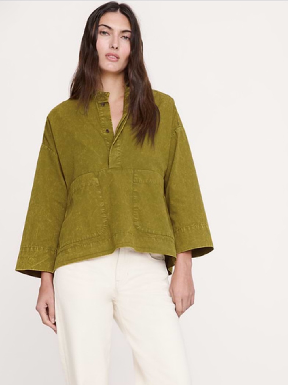 Banana Republic Cotton Popover Top Tree Moss Green Medium M Cotton Twill